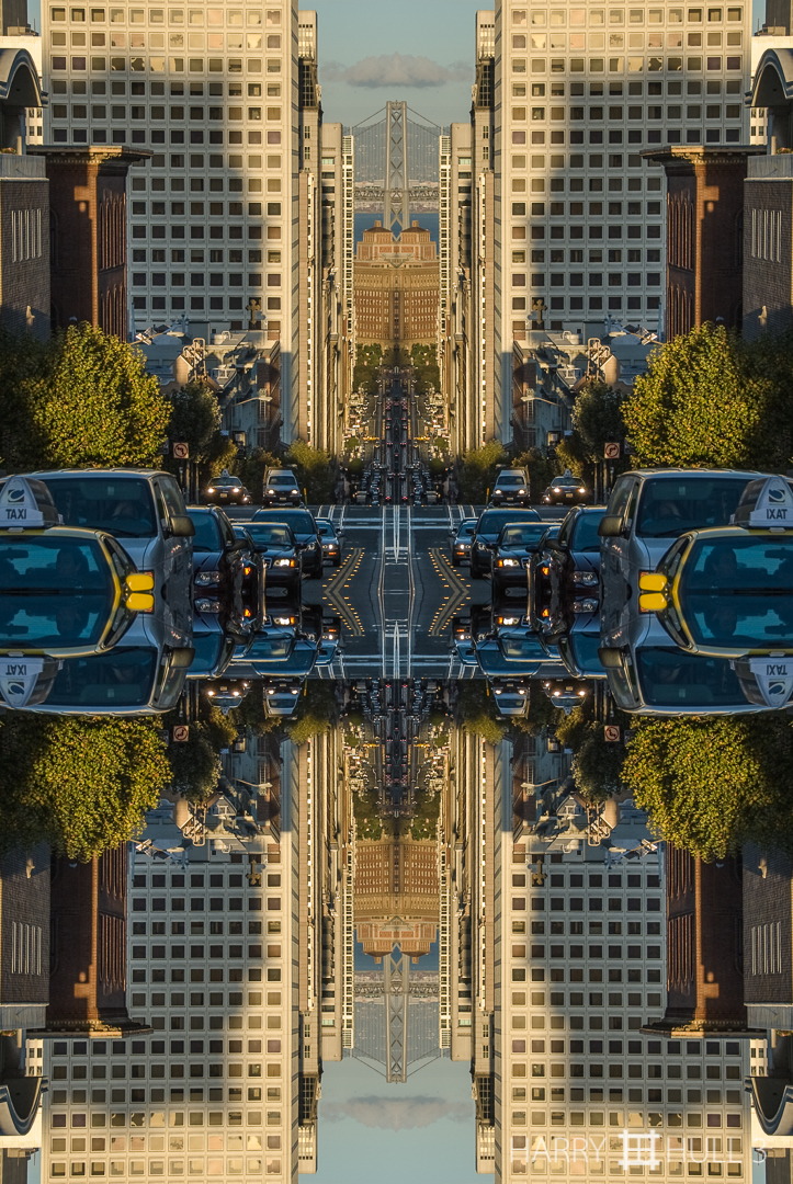 Urban patterns: California Street. Photo of California Street from near top of Nob Hill looking east towards the Bay Bridge, San Francisco, California.