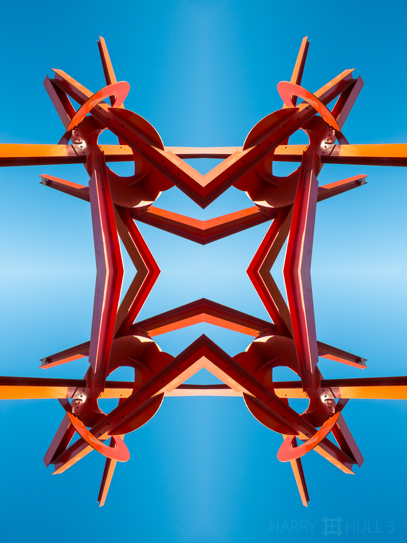 Sky puzzle. Photo of part of Figolu, a sculpture by Mark De Suvero installed on Crissy Field, Golden Gate National Recreation Area, San Francisco, California.