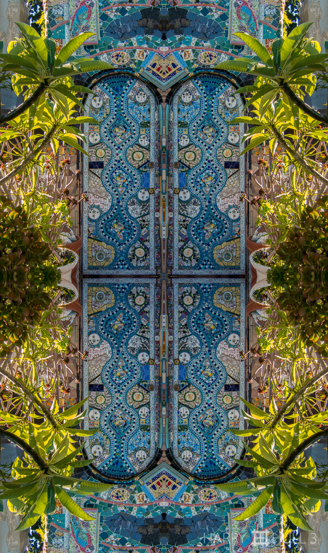 Mosaic mania. Photo of the doorway of the Farnam Mosaic House in Santa Monica, California, covered--as is much of the house's other facades--with mosaics created by the owners, Aziz and Louise Farnam.