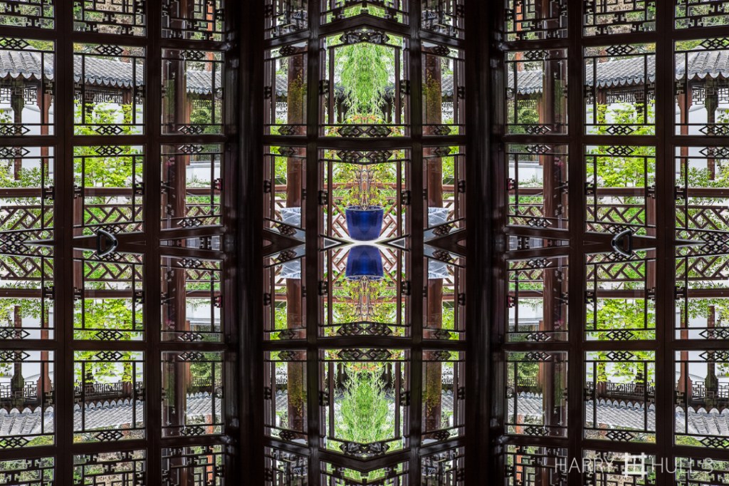 Blue pot. Photo of Chinese gardens from inside one of the tea house pavilions, Huntington Gardens, San Marino, California.