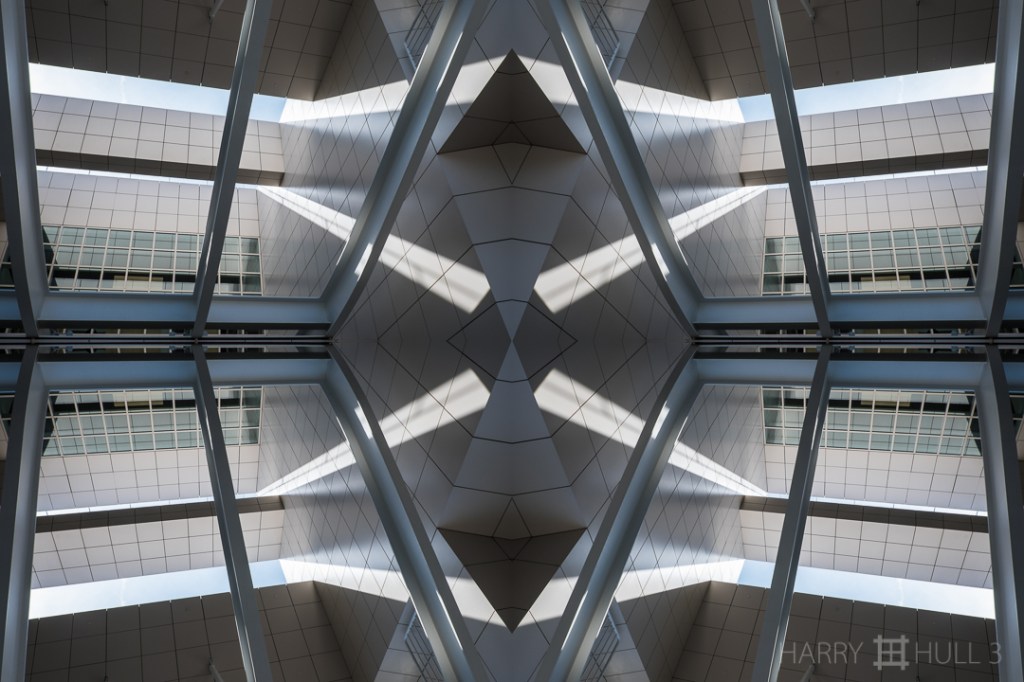 Light beams, steel beams. Photo of entry structure and building facade at the Getty Center, Los Angeles, California.