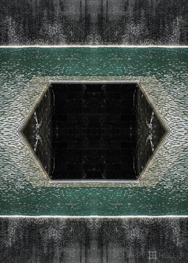 Memorial fountain. Photo of the center of one of the two fountains at the National September 11 Memorial & Museum in New York City, New York.